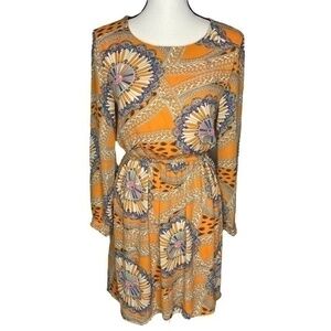 Shikha London Dress Boho Groovy Print Orange Long Sleeve Button Cuffs